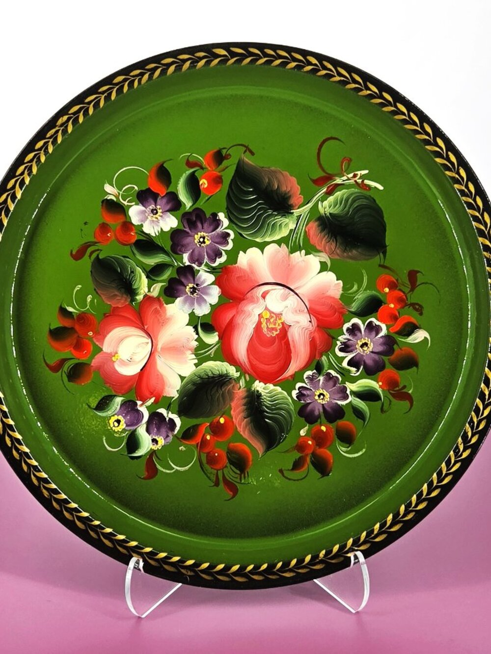 Russian Zhostovo Art VTG Hand Painted Enamel Floral Round Metal Tray 10.5" Wide